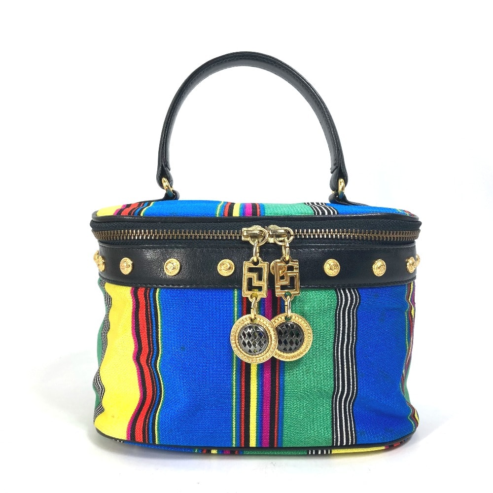 ヴェルサーチ VERSACE ストライプ ヴィンテージ ミラー付き ハンドバッグ ポーチ バニティバッグ キャンバス/レザー マルチカラー
