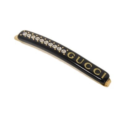 GUCCI グッチ ロゴ クリスタル ヘアクリップ ゴールド クリア ラインストーン ヘアスライド ヘアピン 美品 レジン ブラック バレッタ 753873 I9875 8521
