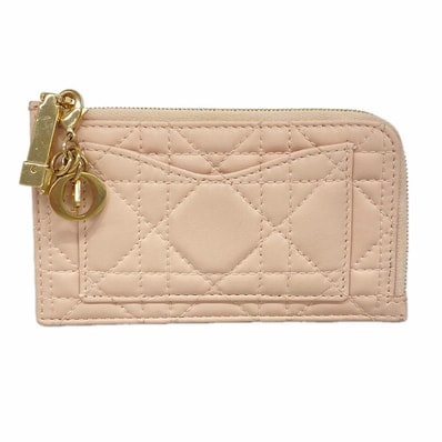 【6ia0653】クリスチャンディオール コインケース カナージュ レザー ピンク シャンパンゴールド金具【中古】レディース