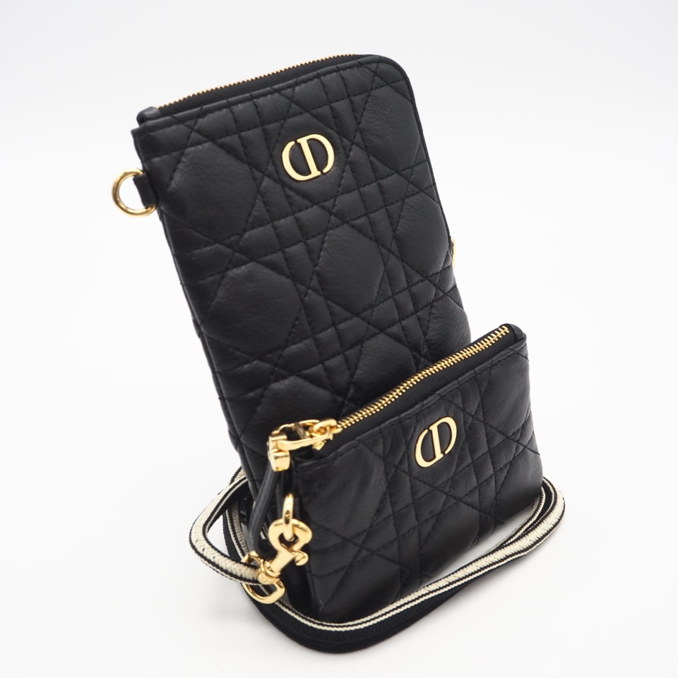 美品 Christian Dior クリスチャンディオール Dior カロ マルチファンクション カナージュ ポーチ ショルダーバッグ S5036UWHC ショルダーバッグ ブラック ホワイト カーフレザー レディース