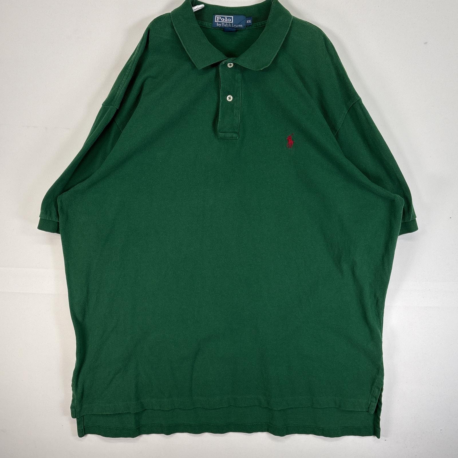 古着 90's/90年代 ポロバイラルフローレン Polo by Ralph Lauren 鹿の子 半袖 ポロシャツ ロゴ 刺繍 大きいサイズ 肉厚 2ボタン 14041  グリーン 無地 メンズ