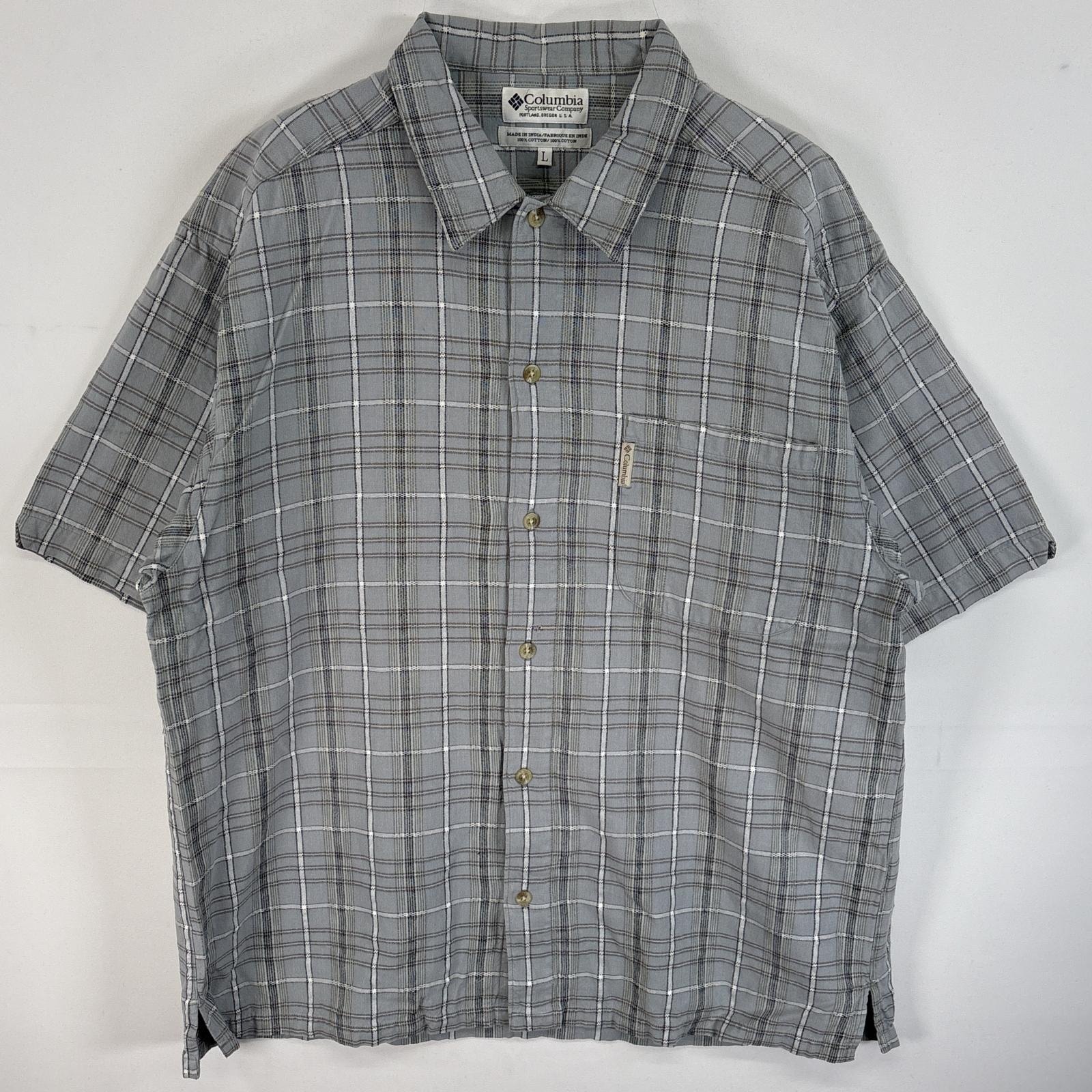古着 コロンビア Columbia 半袖シャツ ワンポイント ロゴ ボタンシャツ L 水色系 チェック メンズ