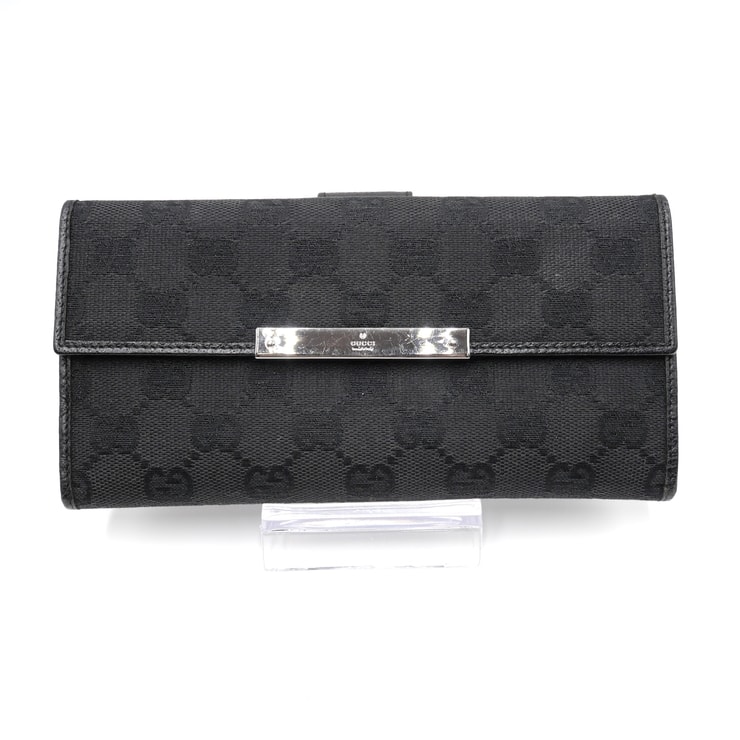 GUCCI(グッチ)GGキャンバス メタルバー Wホック長財布 ヴィンテージ ブラック 黒 キャンバス レザー シルバー金具 二つ折り財布 レディース メンズ 112715【中古】