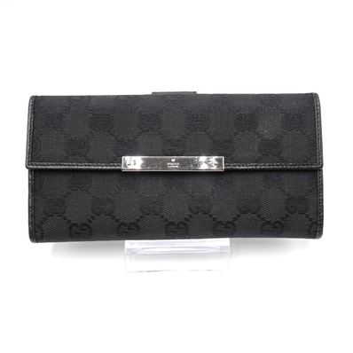 GUCCI(グッチ)GGキャンバス メタルバー Wホック長財布 ヴィンテージ ブラック 黒 キャンバス レザー シルバー金具 二つ折り財布 レディース メンズ 112715【中古】