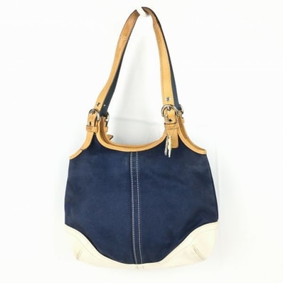 COACH/コーチ ハンドバッグ 肩掛け ショルダー ネイビー×白 花のチャーム付き 管NO.B8-34