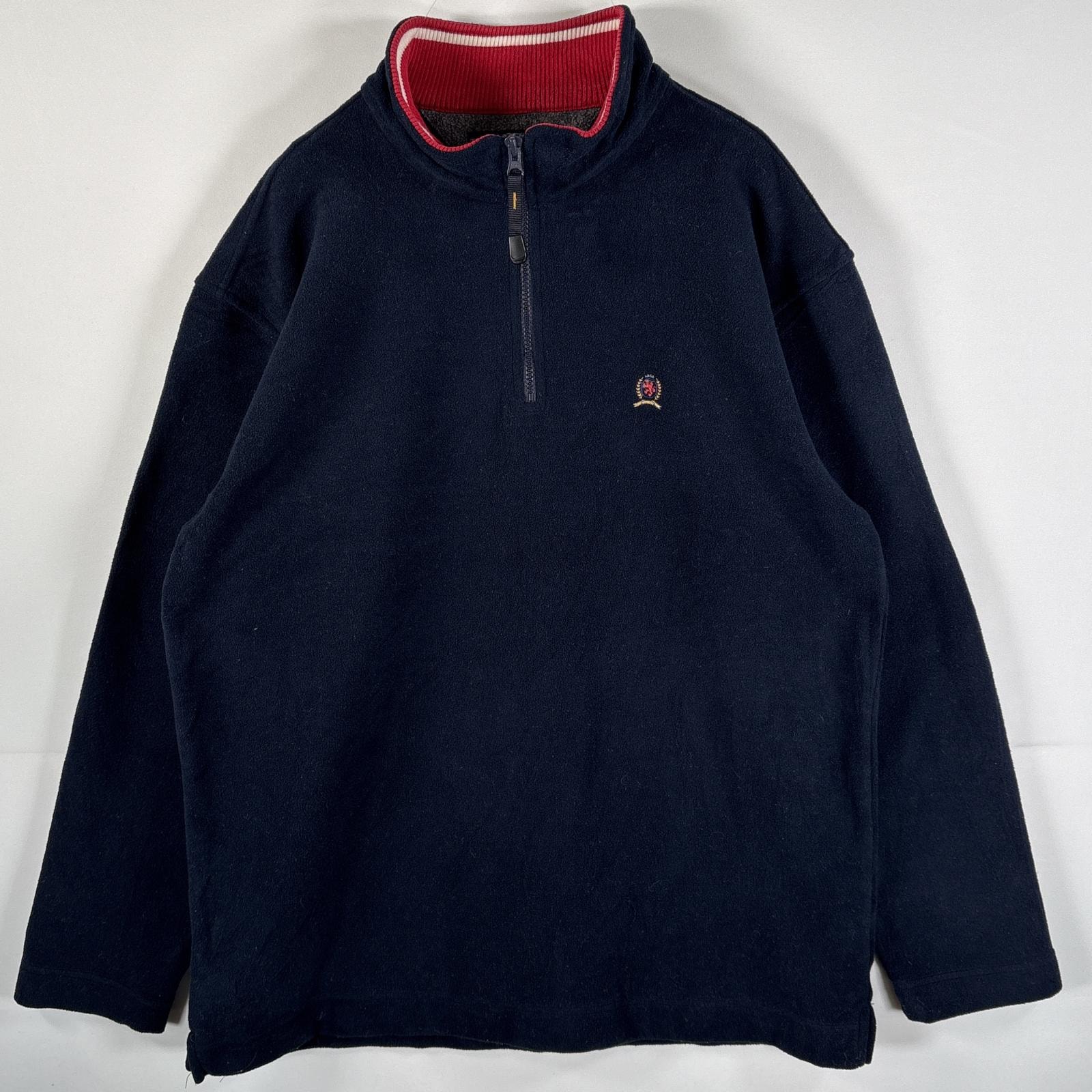 古着 トミーヒルフィガー TOMMY HILFIGER フリースジャケット ワンポイントロゴ刺繍 ハーフジップ ビッグサイズ XL  ネイビー メンズ