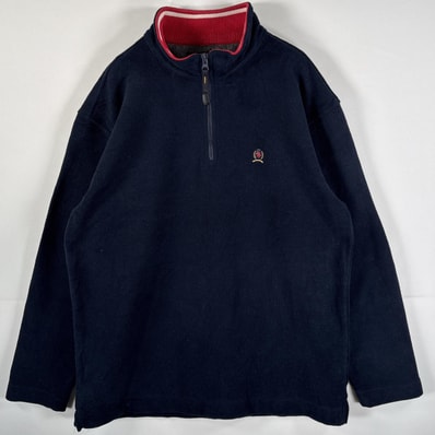 古着 トミーヒルフィガー TOMMY HILFIGER フリースジャケット ワンポイントロゴ刺繍 ハーフジップ ビッグサイズ XL ネイビー メンズ