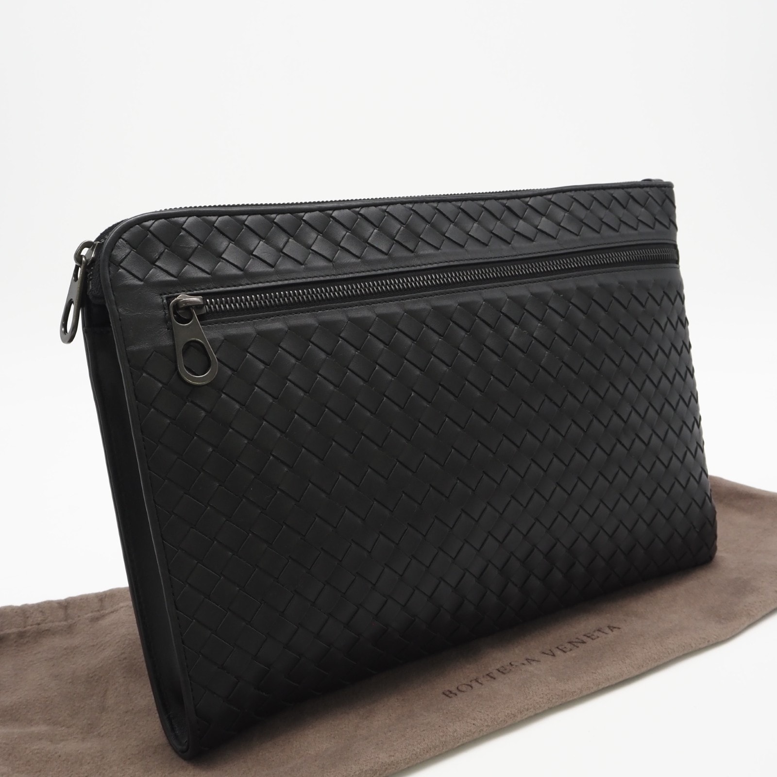 極美品 BOTTEGAVENETA ボッテガヴェネタ イントレチャート クラッチバッグ 406021 クラッチバッグ ブラック カーフレザー メンズ