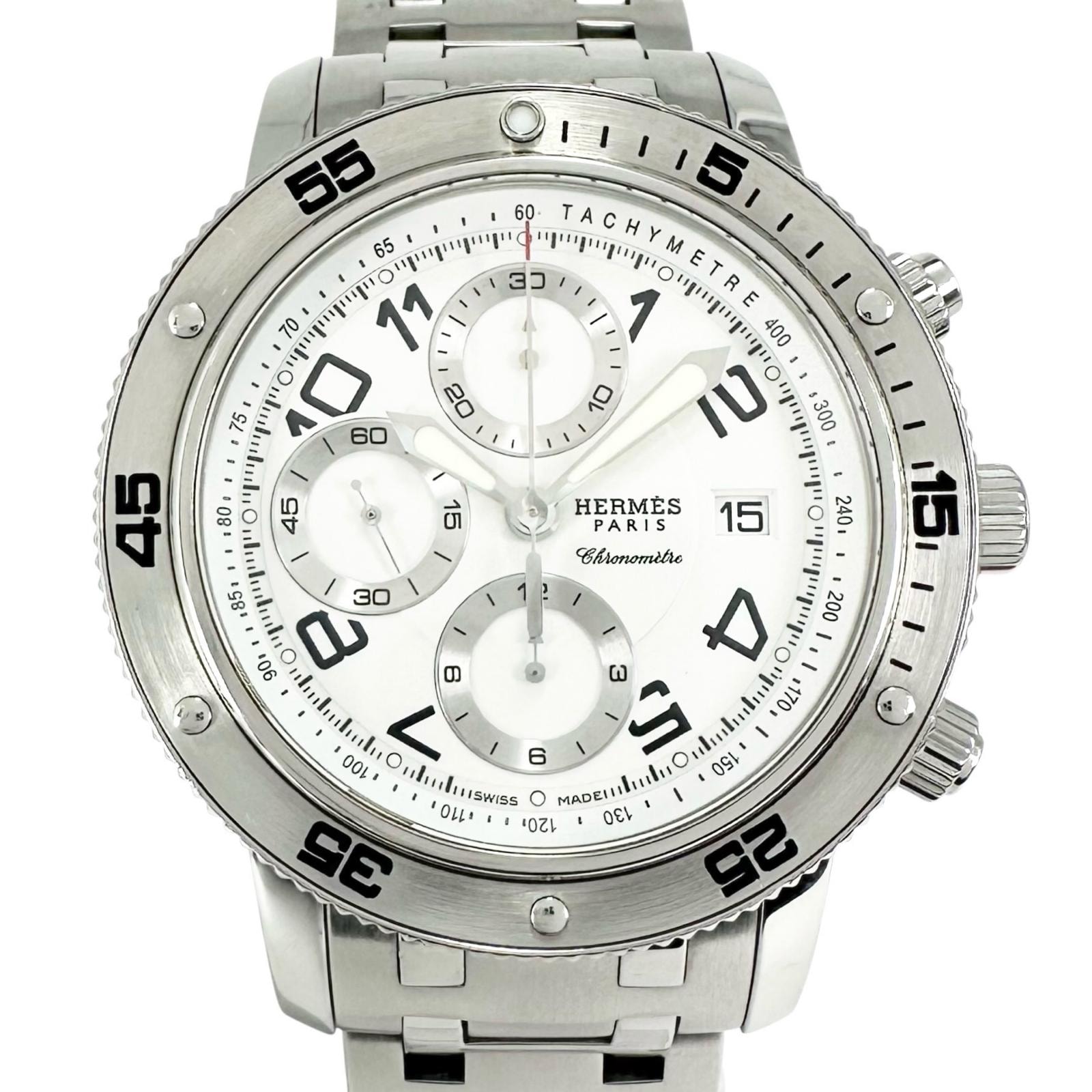 美品 HERMES エルメス クリッパー ダイバー クロノグラフ CP2 910 腕時計 シルバー 自動巻き ホワイト文字盤 メンズ【中古】