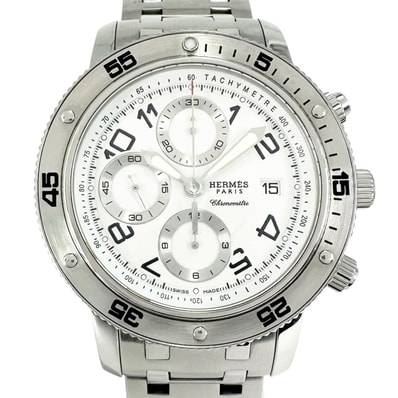 美品 HERMES エルメス クリッパー ダイバー クロノグラフ CP2 910 腕時計 シルバー 自動巻き ホワイト文字盤 メンズ【中古】