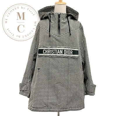 クリスチャンディオール CHRISTIAN DIOR アノラック トップス パーカーフーディ ロゴ ハーフジップ 千鳥格子 長袖 ブラック ホワイト