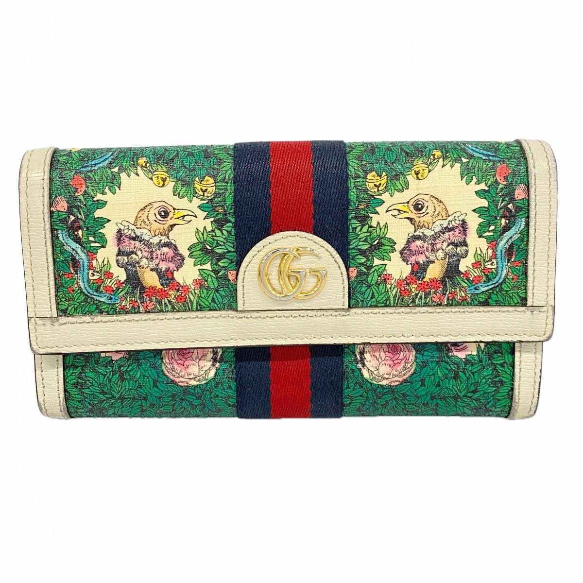 【6ce5990-k】グッチ 長財布 オフィディア ヒグチユウコ 523153 PVC グリーン ホワイト ゴールド金具【中古】レディース