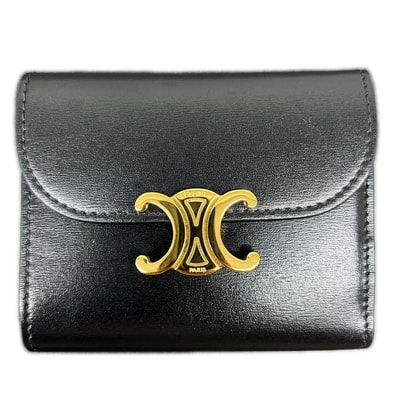 CELINE 極美品 セリーヌ SMALL FLAP WALLET トリオンフ スモール フラップ ウォレット 三つ折り財布 10D783 レザー ブラック ゴールド コンパクトウォレット ミニ財布 マカダム Aランク 中古 鑑定済 セリーヌ財布