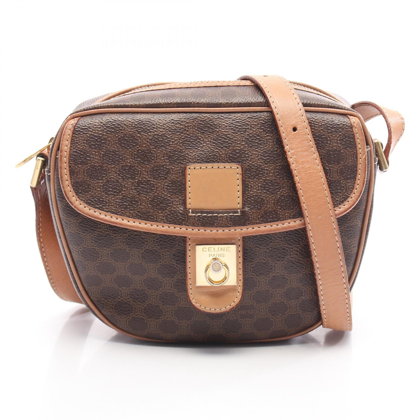 セリーヌ CELINE マカダム ショルダーバッグ バッグ PVCコーティングキャンバス レザー レディース ブラウン系 【中古】