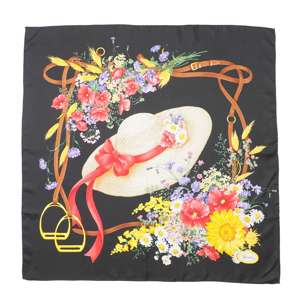 GUCCI グッチ ヴィンテージ スカーフ 麦わら帽子 花柄 ベルトモチーフ 総柄 総シルク ブランド古着【中古】20250621/RA5209