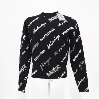 未使用 BALENCIAGA バレンシアガ ウール ロゴ ニット XS 724869 ニット ブラック ホワイト ニット メンズ