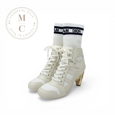 クリスチャンディオール CHRISTIAN DIOR D-ZENITH ブーツ ショートブーツ 靴 シューズ レザー ファブリック ホワイト ブラック ゴールド メタルヒール ロゴ ソックスブーツ