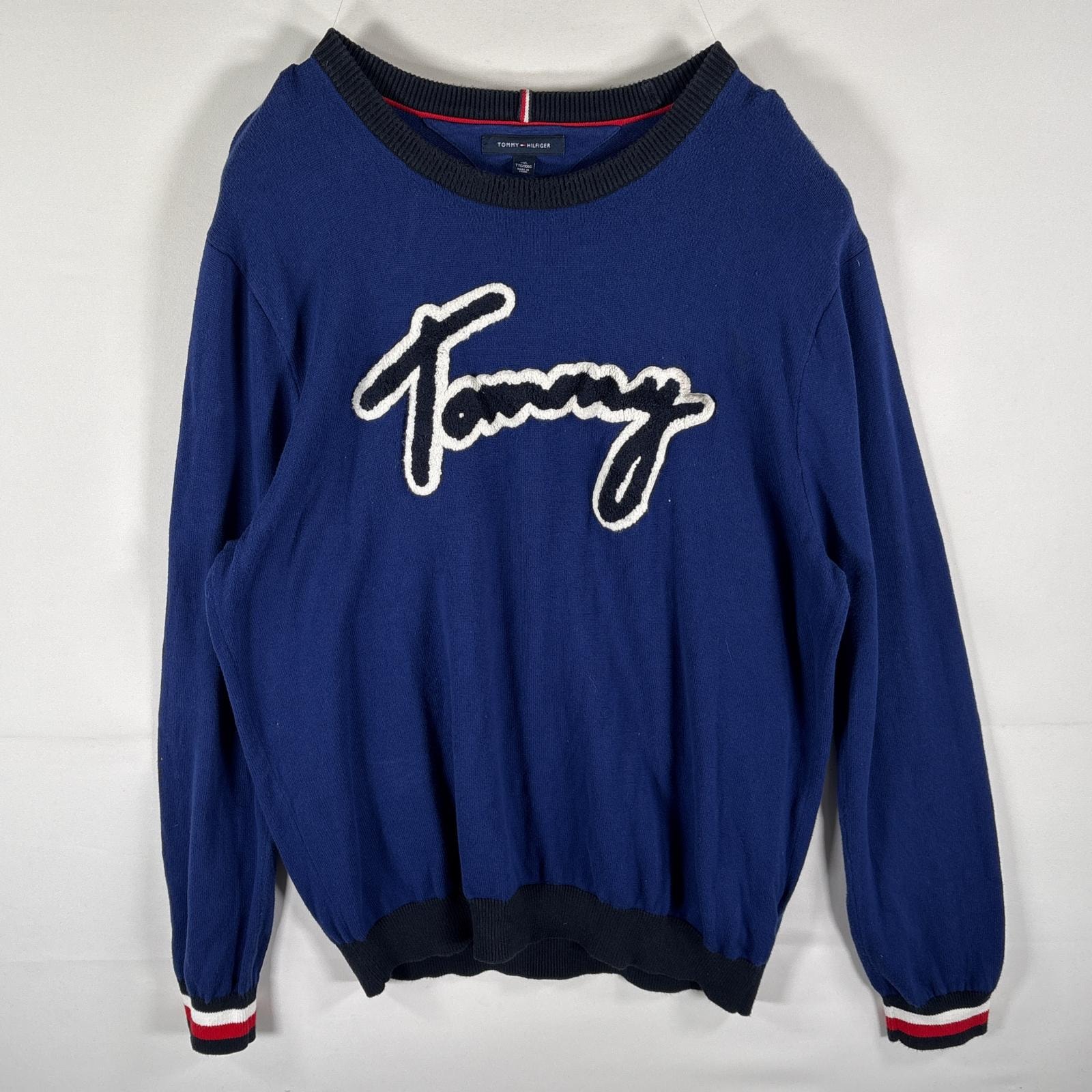 古着 トミーヒルフィガー TOMMY HILFIGER セーター コットンニット ビッグロゴワッペン クルーネック 大きいサイズ 14041  ブルー メンズ