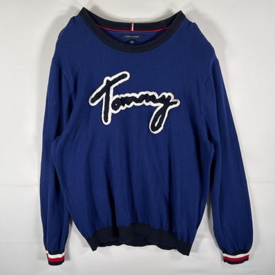 古着 トミーヒルフィガー TOMMY HILFIGER セーター コットンニット ビッグロゴワッペン クルーネック 大きいサイズ 14041 ブルー メンズ