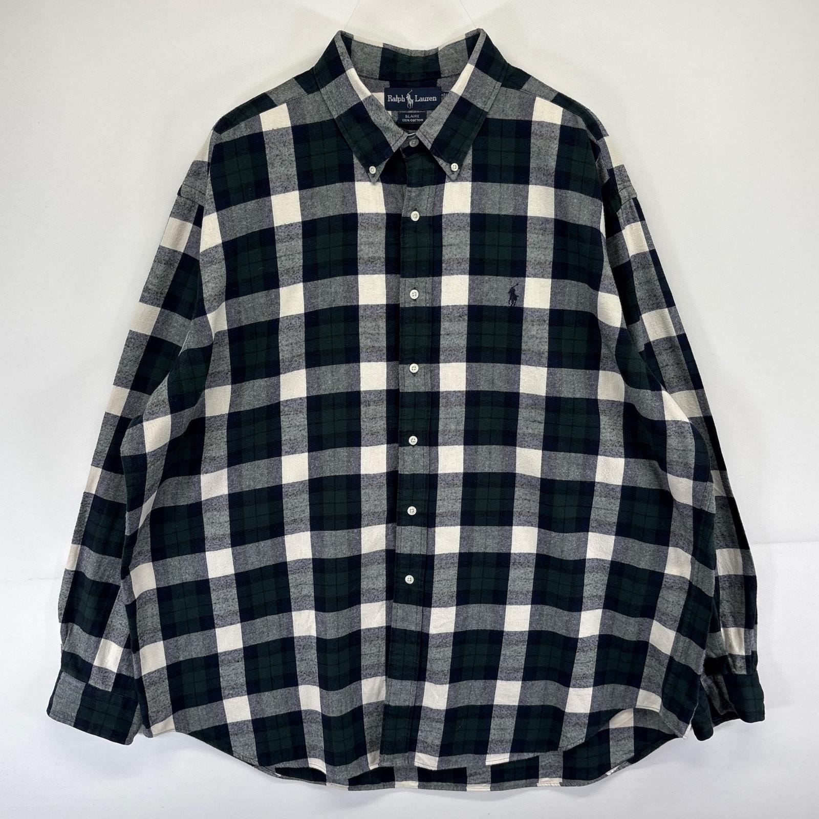 古着 ラルフローレン RALPH LAUREN 長袖シャツ チェック ネルシャツ BLAIRE 大きいサイズ 2XL  グリーン系 メンズ