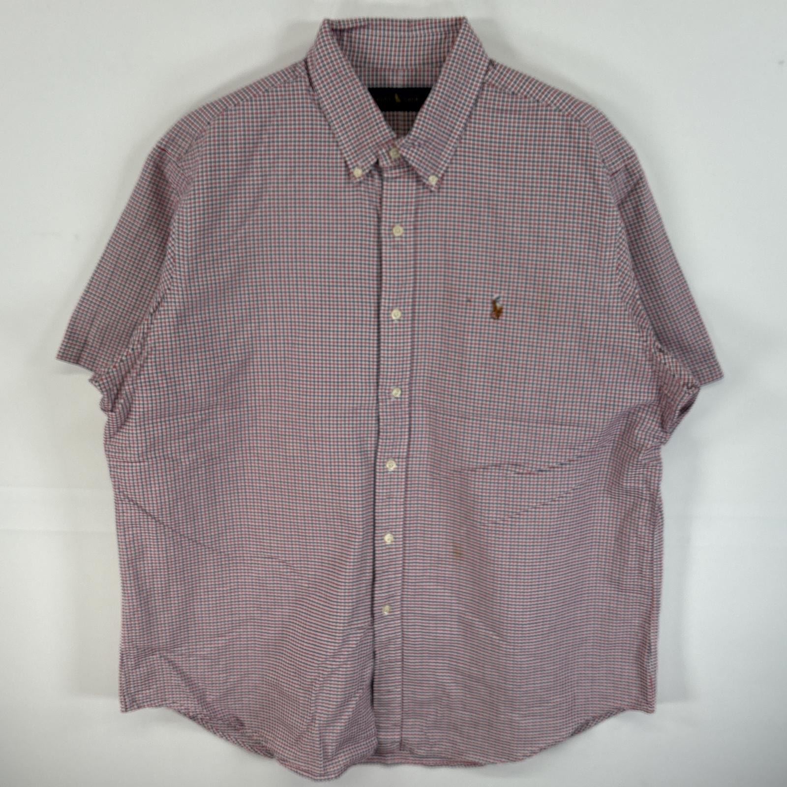 古着 ラルフローレン RALPH LAUREN 半袖シャツ ワンポイント ロゴ 刺繍 ボタンダウンシャツ ボタンシャツ XL  レッド系 チェック メンズ