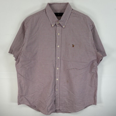 古着 ラルフローレン RALPH LAUREN 半袖シャツ ワンポイント ロゴ 刺繍 ボタンダウンシャツ ボタンシャツ XL レッド系 チェック メンズ
