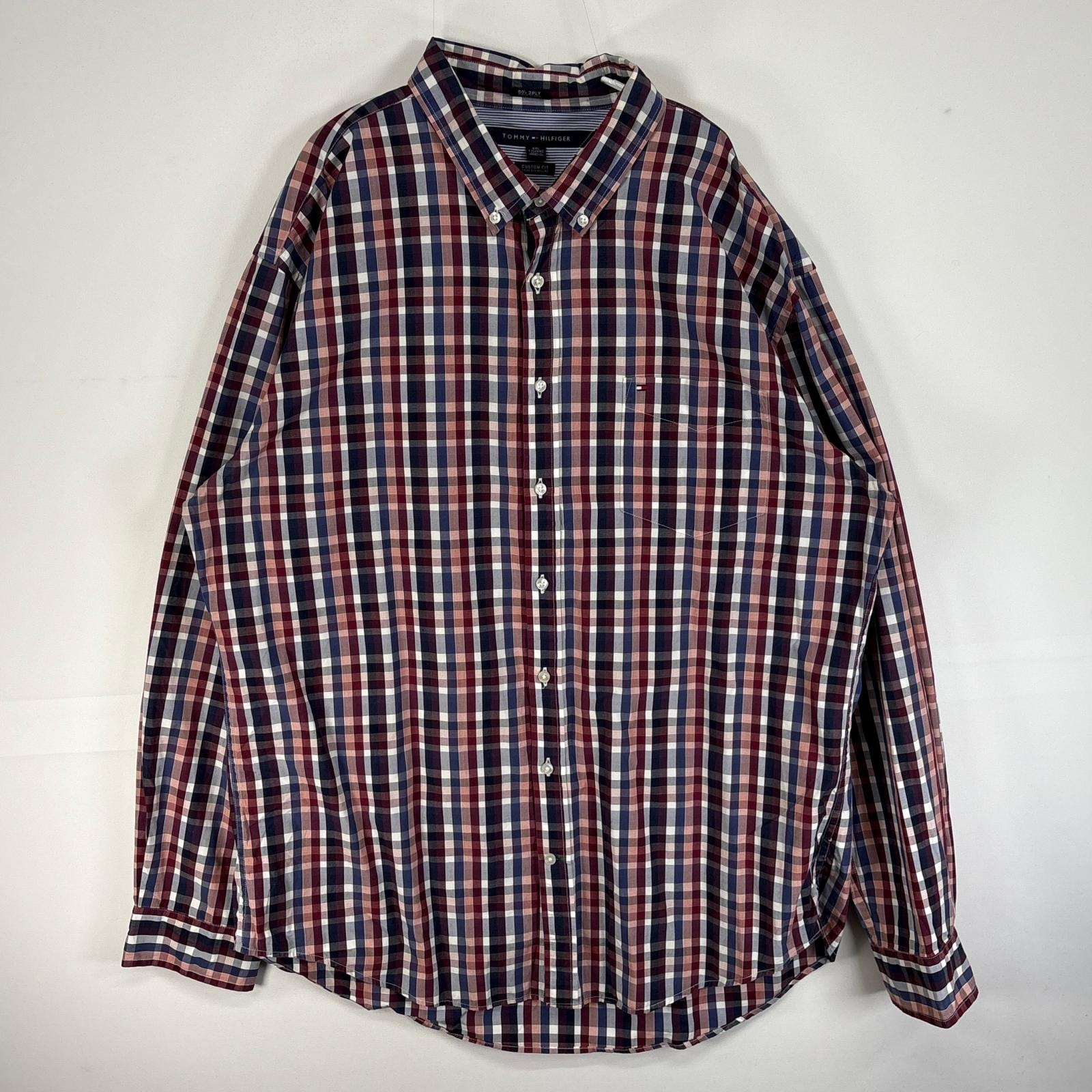 古着 トミーヒルフィガー TOMMY HILFIGER 長袖シャツ ロゴ 刺繍 大きいサイズ チェック 14041 ワインレッド マルチカラー メンズ