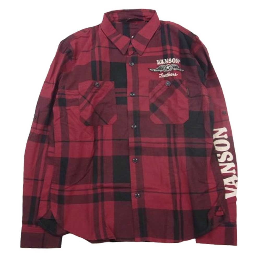 VANSON バンソン 長袖シャツ ロゴ刺繍 チェック シャツ レッド系 L【中古】
