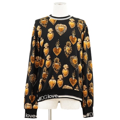 【美品】DOLCE&GABBANA ドルチェアンドガッバーナ スウェット サイズ 48 メンズ サクレッドハート ロゴ シルク混 総柄 トップス ブラック ゴールド 黒 金色 イタリア製