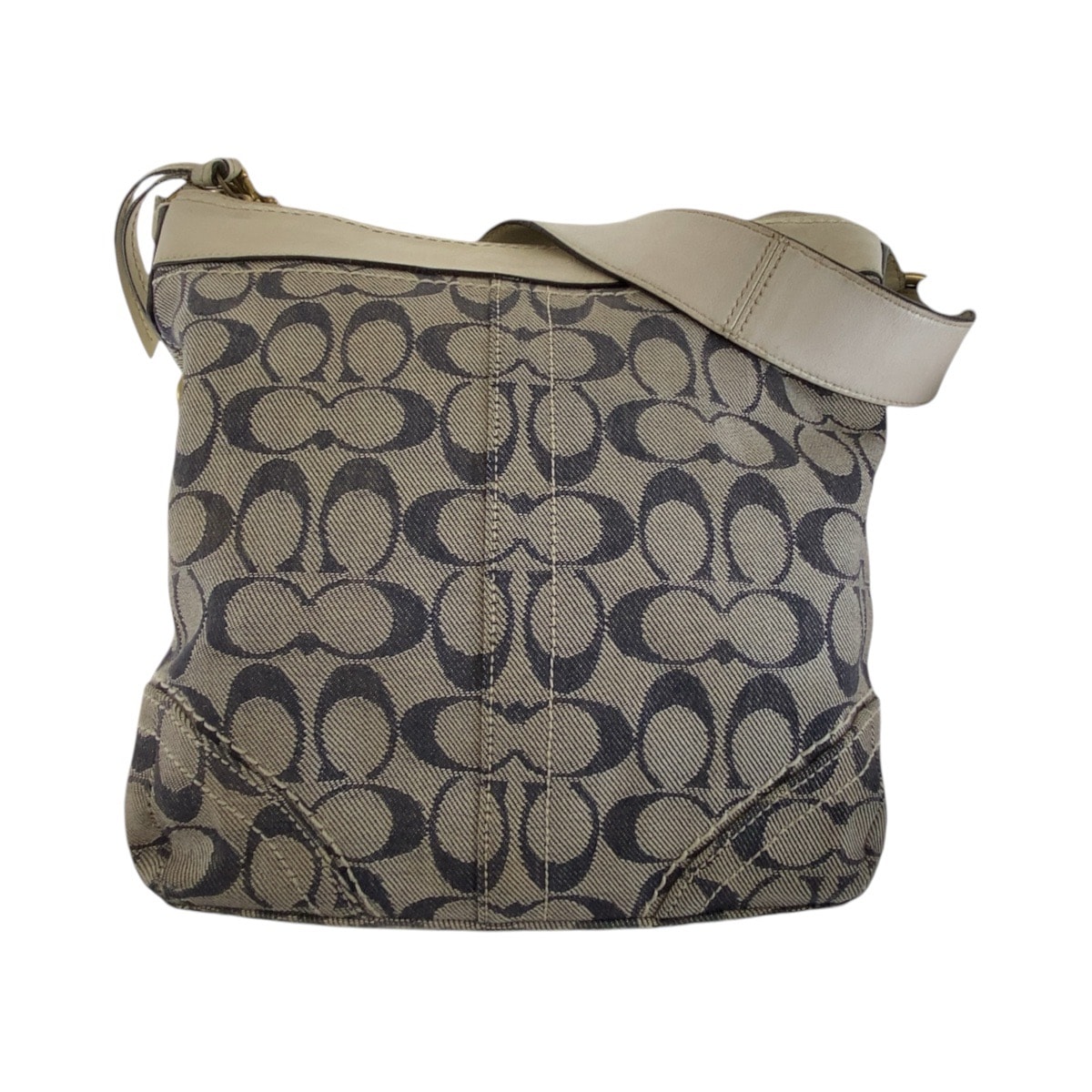 COACH コーチ シグネチャー グレー ホワイト 白 ゴールド金具 キャンバス レザー/ 斜め掛け ショルダーバッグ メッセンジャーバッグ 410007 【中古】
