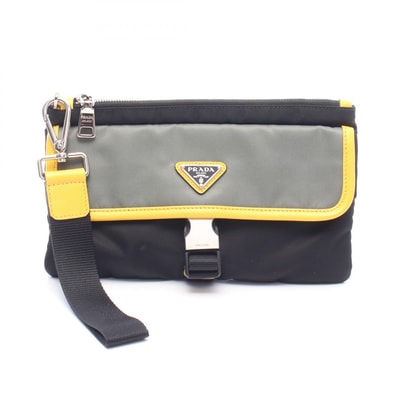 プラダ PRADA トライアングルロゴ セカンドバッグ クラッチバッグ バッグ ナイロン サフィアーノレザー メンズ ブラック系 / グレー系 / イエロー系 【中古】