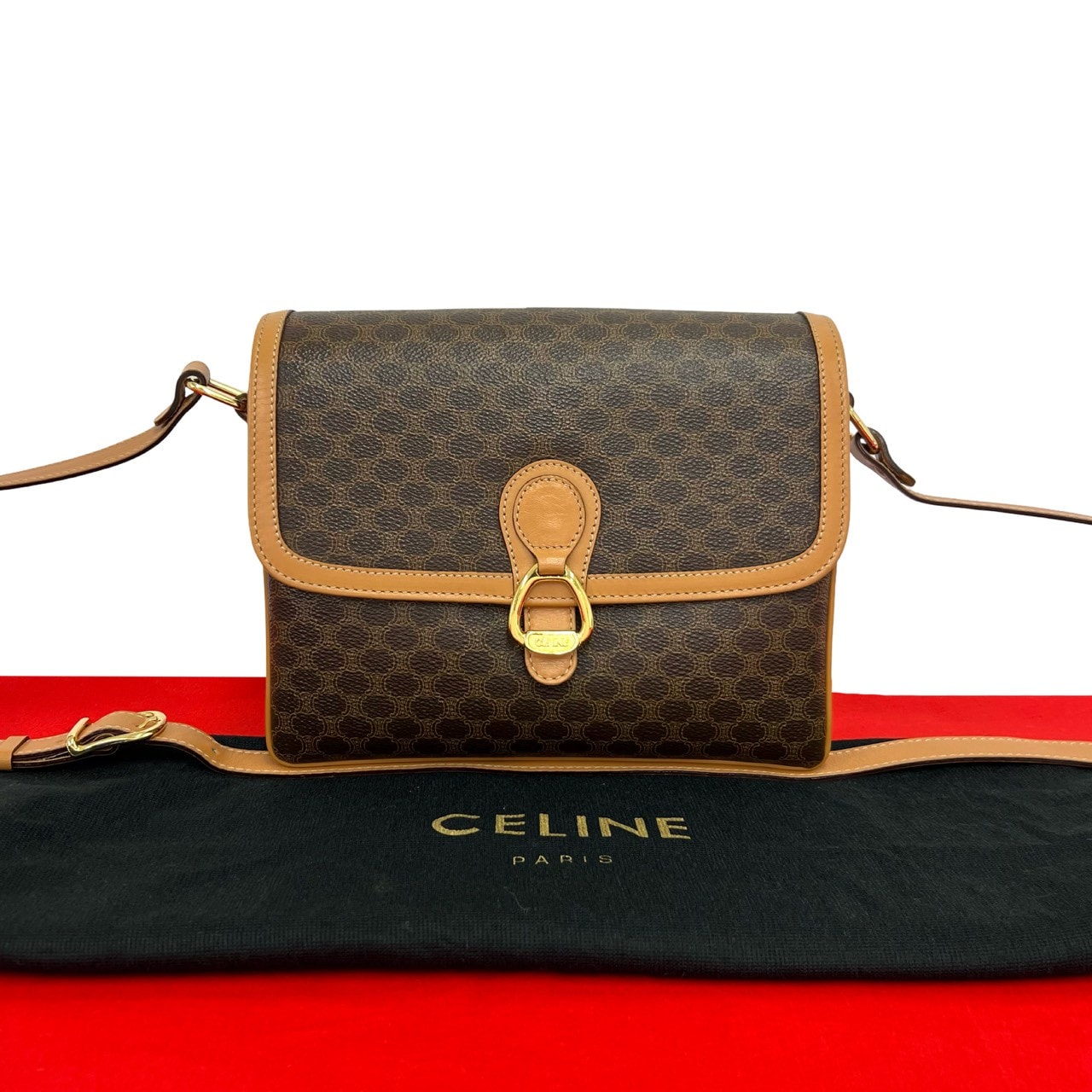 CELINE セリーヌ マカダム ブラゾン トリオンフ 柄 レザー PVC ショルダーバッグ ブラウン
 45648