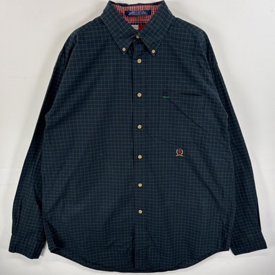 古着 90's/90年代 トミーヒルフィガー TOMMY HILFIGER 長袖シャツ ボタンダウンシャツ 胸ポケ フラッグタグ L ネイビー系 チェック メンズ