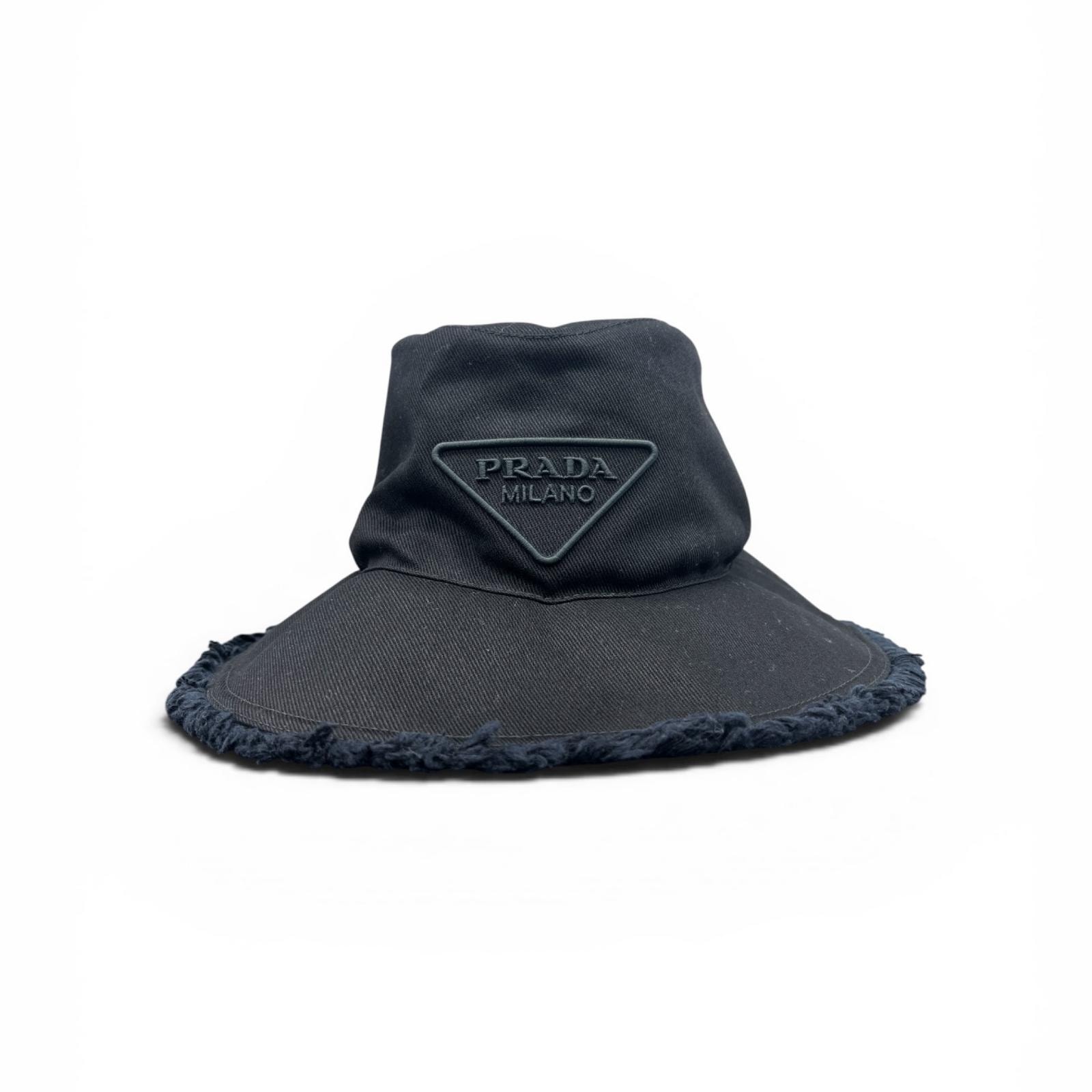 PRADA 希少 美品 プラダ トライアングルロゴ ドリルハット 1HC145 帽子 ICチップ確認済 ブラック ダークネイビー フリンジ 帽子 三角プレート ロゴプレート ABランク 中古 鑑定済 プラダハット