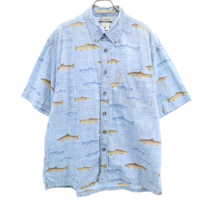 Columbia コロンビア フィッシュ柄 半袖 ボタンダウンシャツ L ブルー系 アウトドア RIVER LODGE