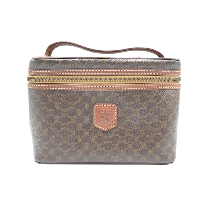 CELINE(セリーヌ)マカダム ヴィンテージ バニティバッグ ハンドバッグ ブラウン PVC レザー ゴールド金具 レディース【中古】