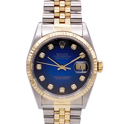 ROLEX ロレックス デイトジャスト ブルー GRD 10P 36mm 腕時計 16233G ステンレス イエローゴールド 自動巻き メンズ【中古】