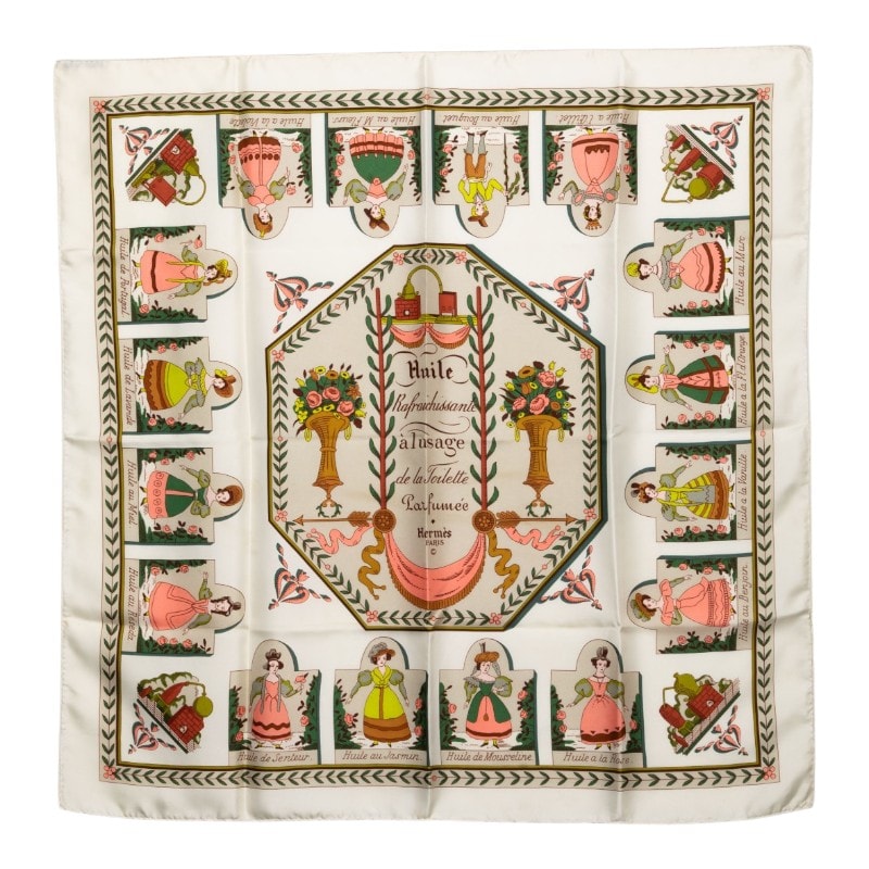 エルメス カレ90 Huile Rafraîchissante à l’Usage de la Toilette Parfumée 花の植生 スカーフ ベージュ マルチカラー シルク レディース HERMES 【中古】