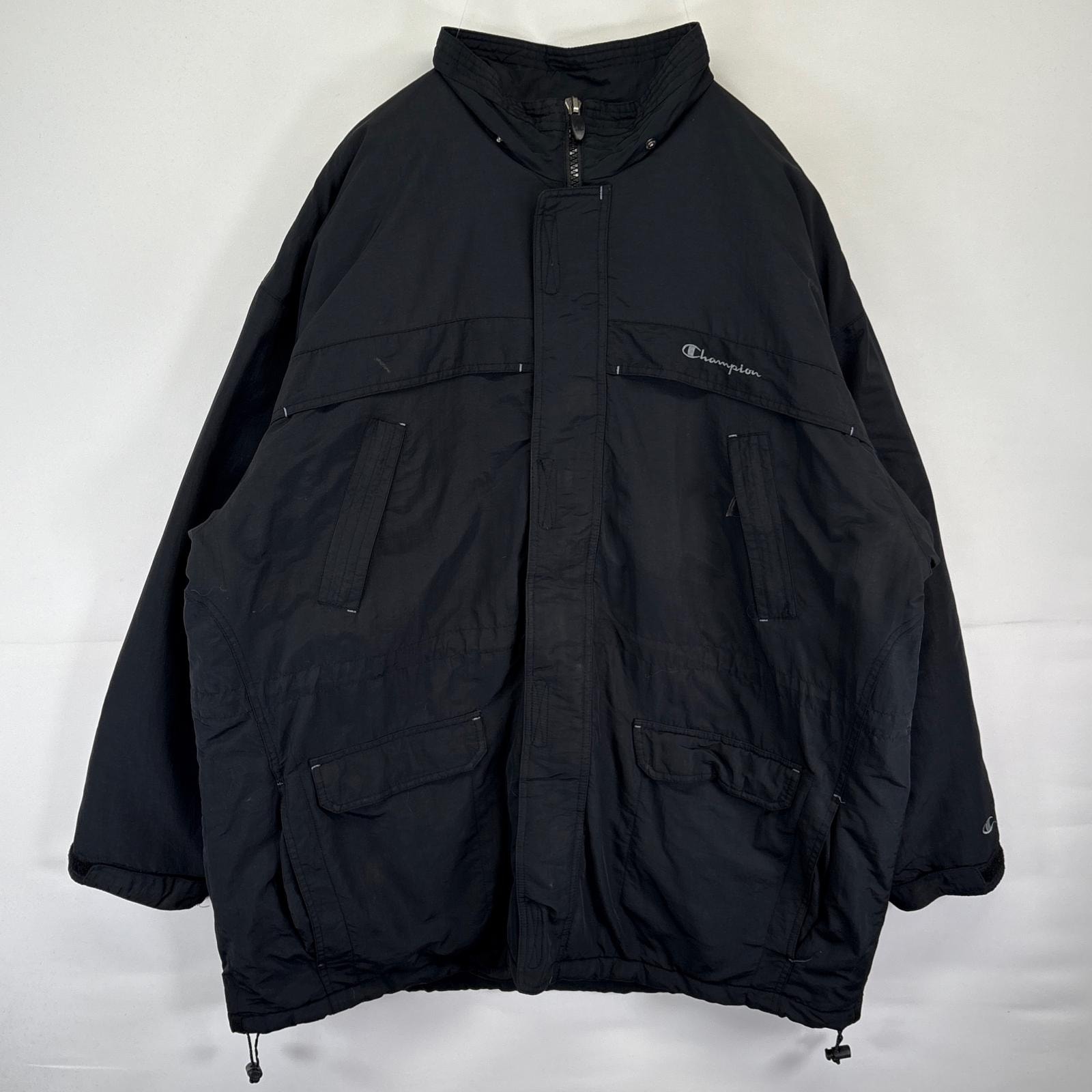 古着 チャンピオン Champion ナイロンジャケット 中綿 ワンポイントロゴ フリース カバーオール 大きいサイズ 3XL  ブラック メンズ