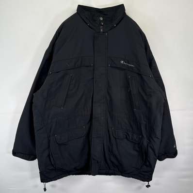 古着 チャンピオン Champion ナイロンジャケット 中綿 ワンポイントロゴ フリース カバーオール 大きいサイズ 3XL ブラック メンズ