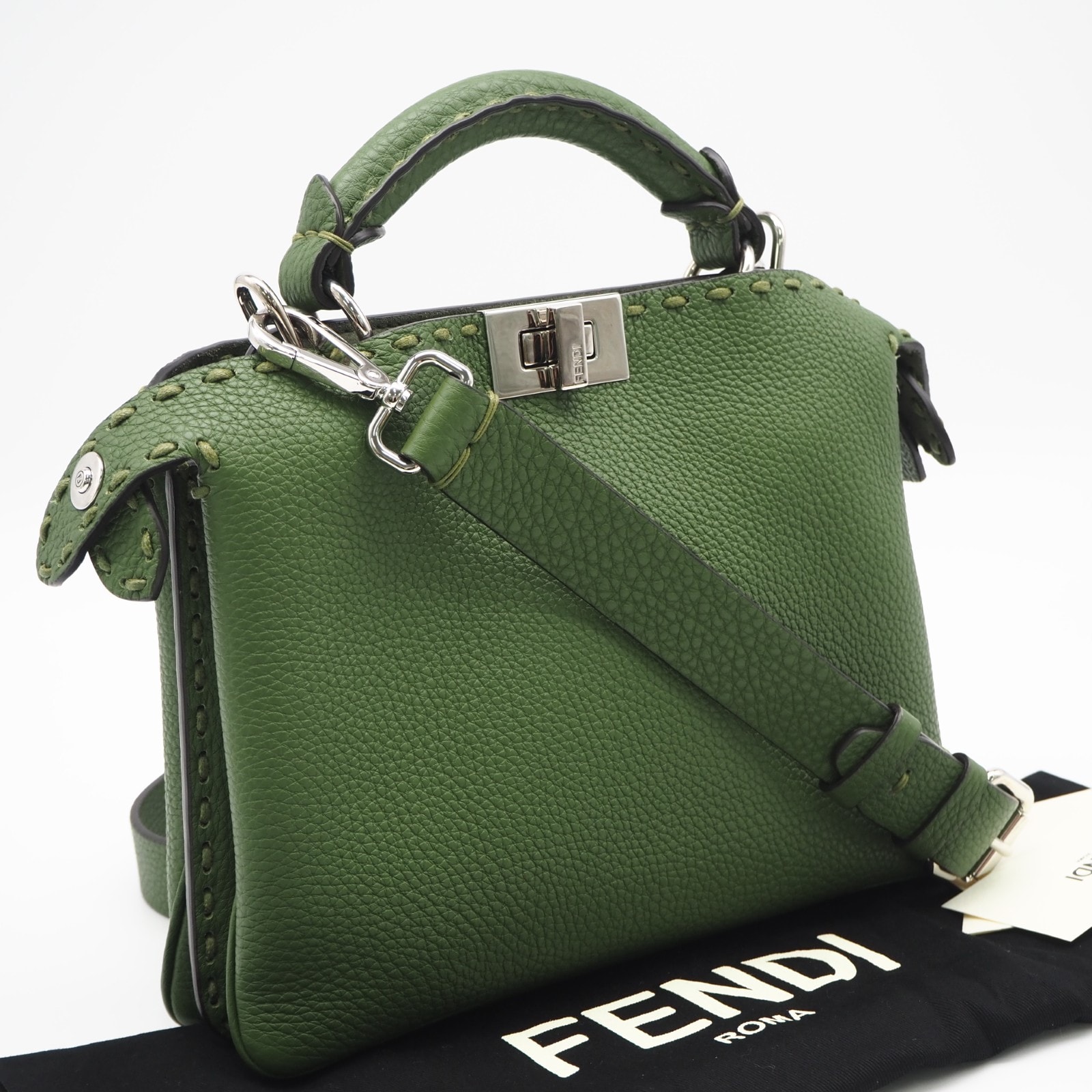 美品 FENDI フェンディ セレリア ピーカブー ソフト スモール 7VA647 2wayハンドバッグ グリーン カーフレザー メンズ