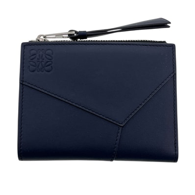 【値下げ】LOEWE ロエベ スリム コンパクト ウォレット 二つ折り財布 C660W73X02 レザー ネイビー シルバー金具 メンズ【中古】