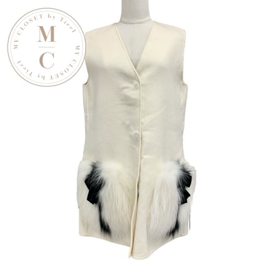 フェンディ FENDI アウター ウール フォックスファー ホワイト ブラック ベスト ジレ リボン ノースリーブ