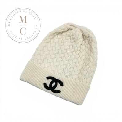 シャネル CHANEL 帽子 カシミヤ ホワイト ブラック ココマーク ニット帽 ビーニー