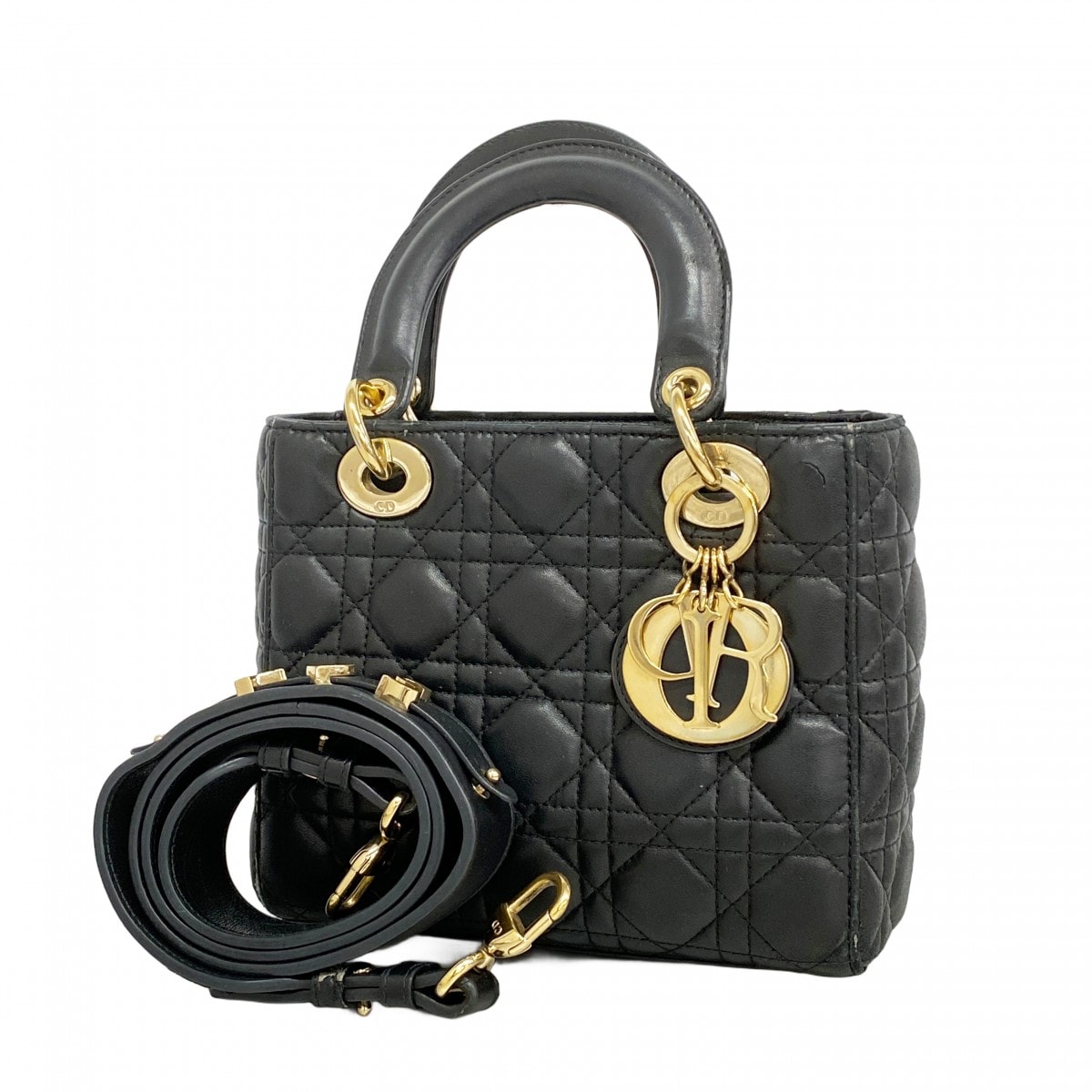 【6da0337】クリスチャンディオール ハンドバッグ カナージュ レディディオール レザー ブラック ゴールド金具 2wayバッグ【中古】レディース
