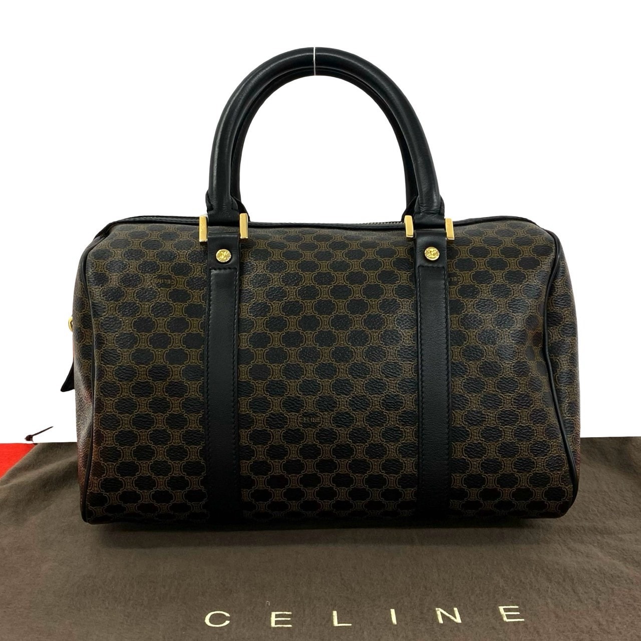 CELINE セリーヌ マカダム ブラゾン 柄 トリオンフ レザー PVC ボストンバッグ ブラウン
 19832