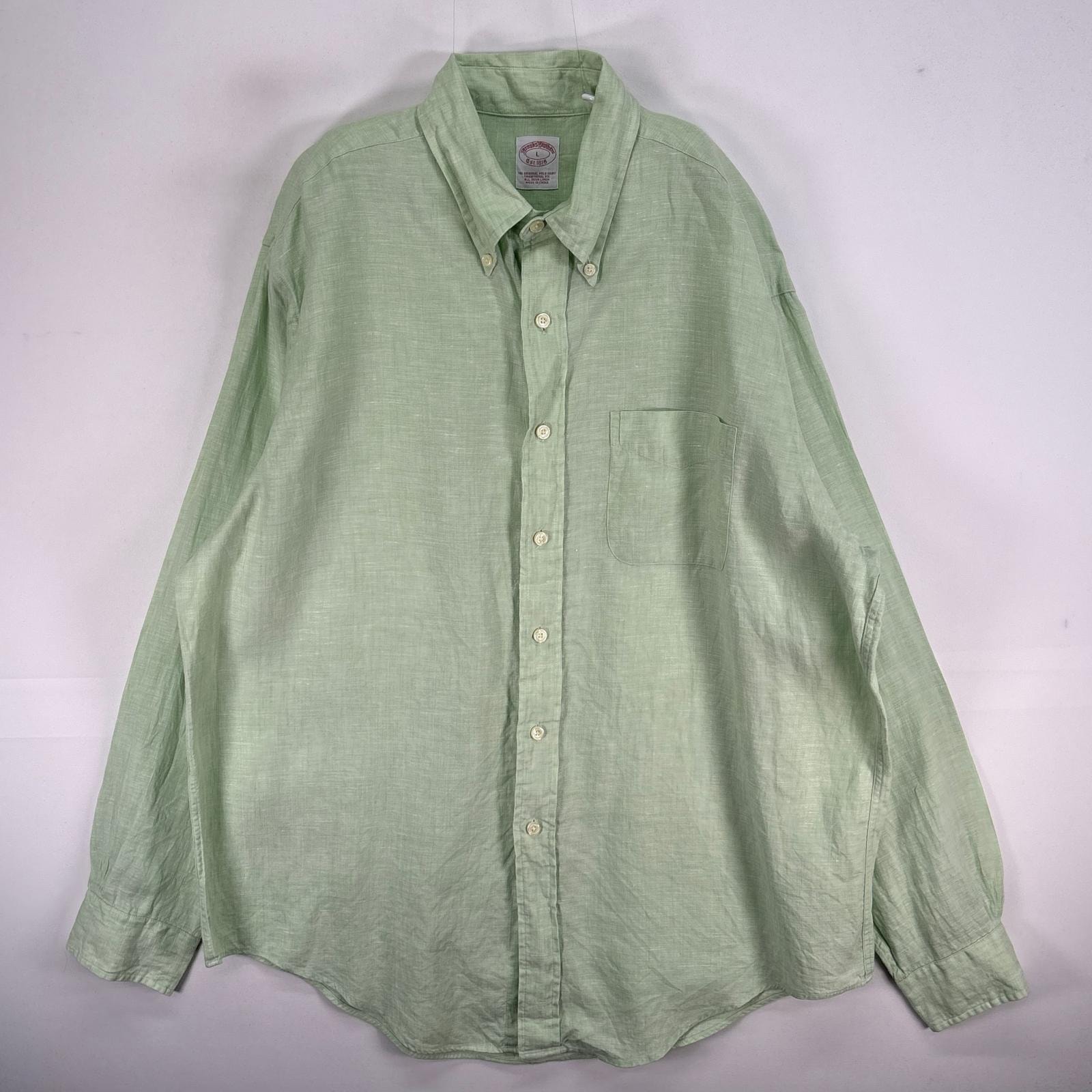 古着 ブルックスブラザーズ Brooks Brothers 長袖シャツ IRISH LINEN 胸ポケ ボタンダウン L  グリーン系 無地 メンズ