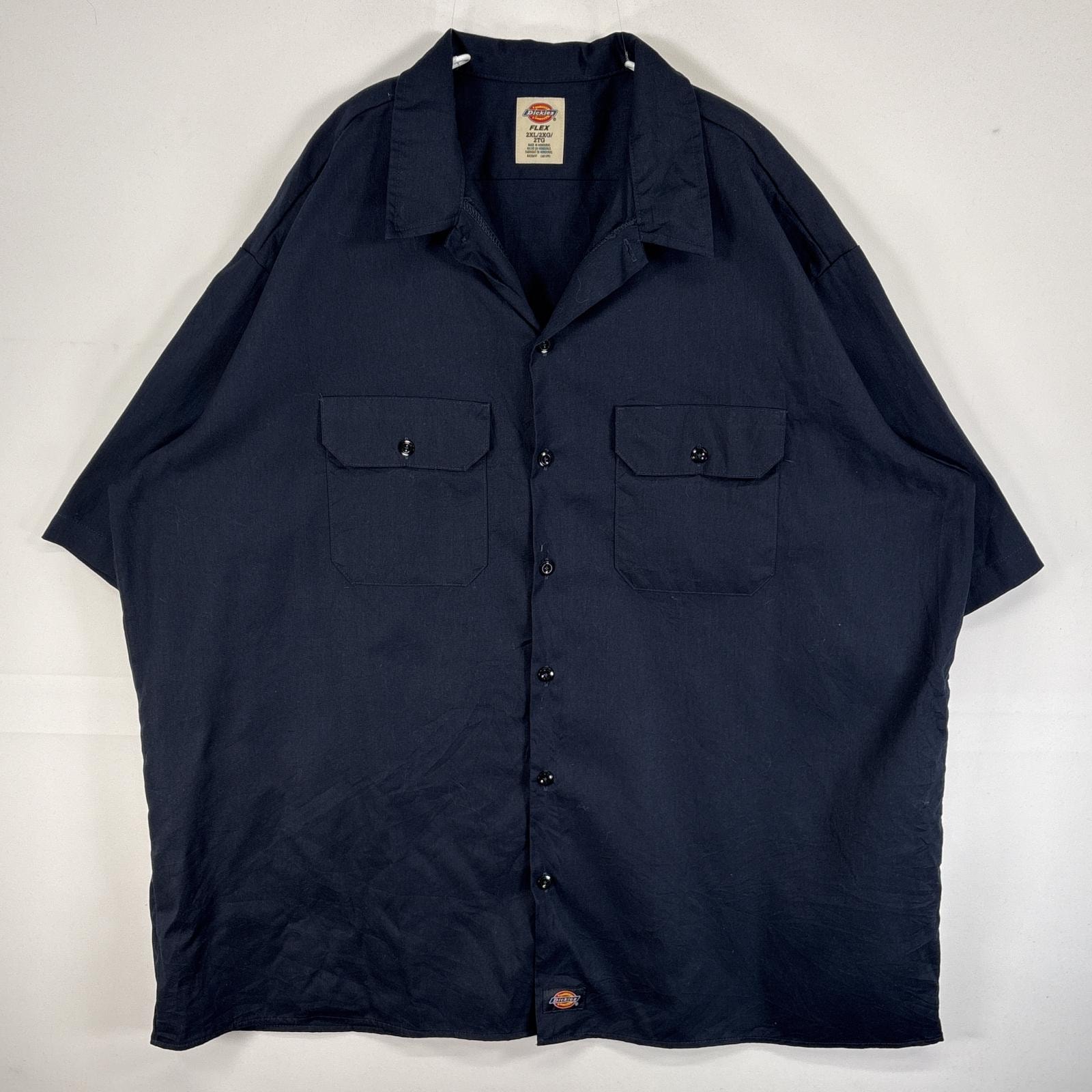 古着 ディッキーズ Dickies 半袖シャツ ワーク 作業着 フラップポケ 大きいサイズ ワンポイント ロゴ 2XL ネイビー 無地 メンズ