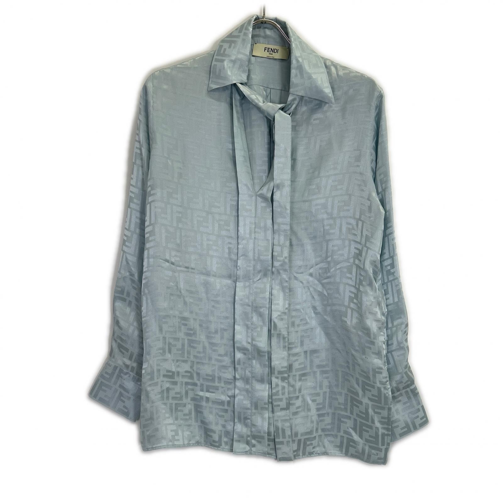 フェンディ 23年 FS8166 ライトブルー シルク タイブラウス 38