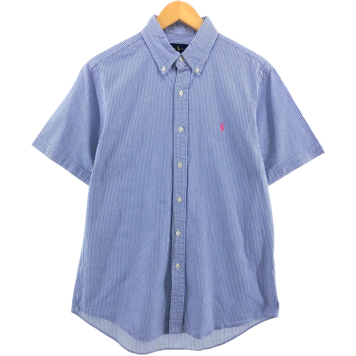 古着 ラルフローレン Ralph Lauren シアサッカー 半袖 ボタンダウン ストライプシャツ メンズM相当/eaa548621